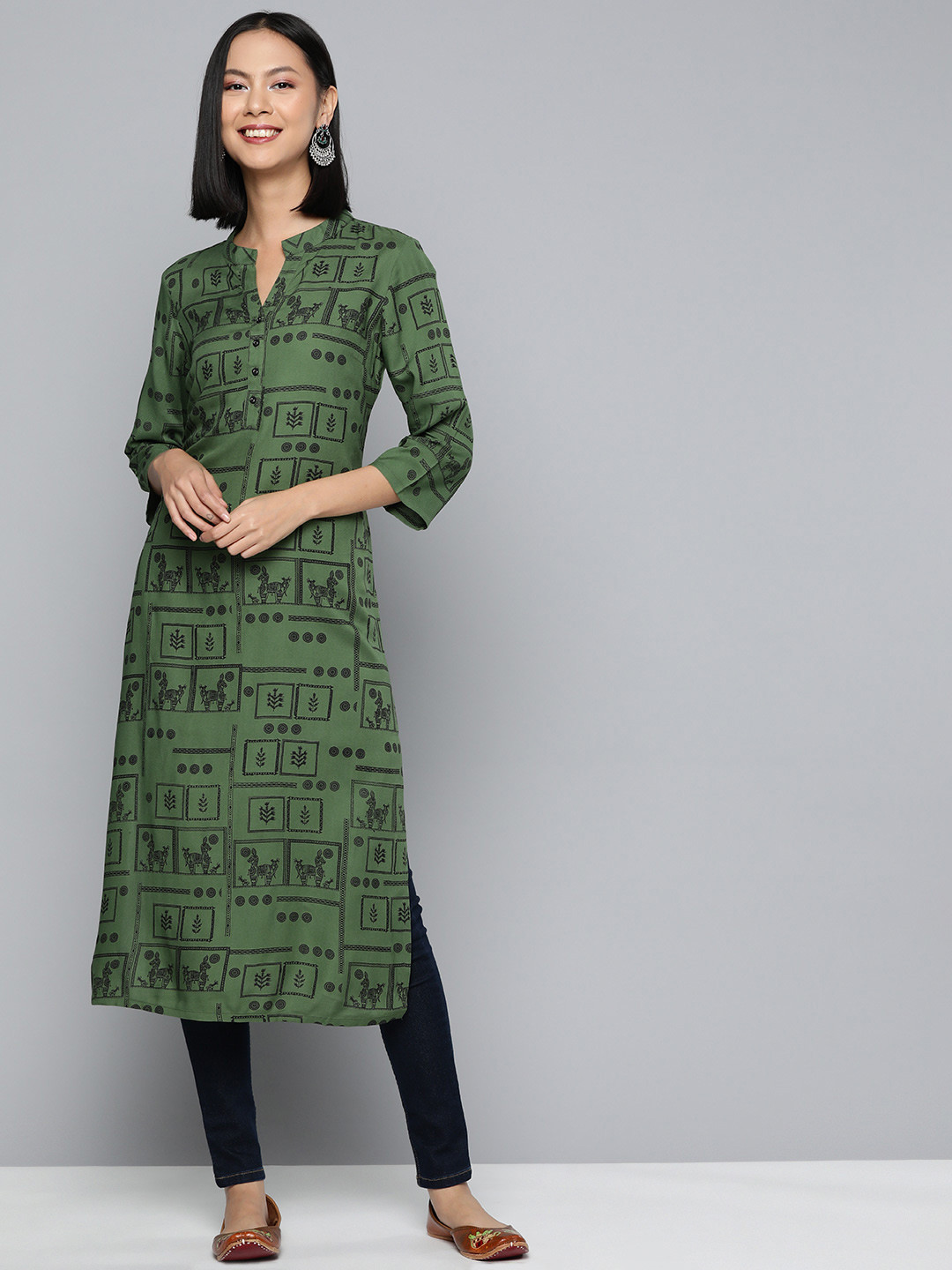 

HERE&NOW Women Ethnic Motifs Mandarin Collar Printed Kurta, Green