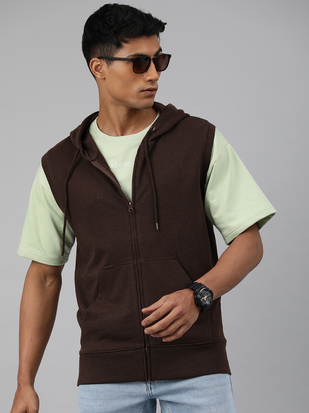 

Huetrap Men Solid Knitted Hooded Sweatshirt, Brown