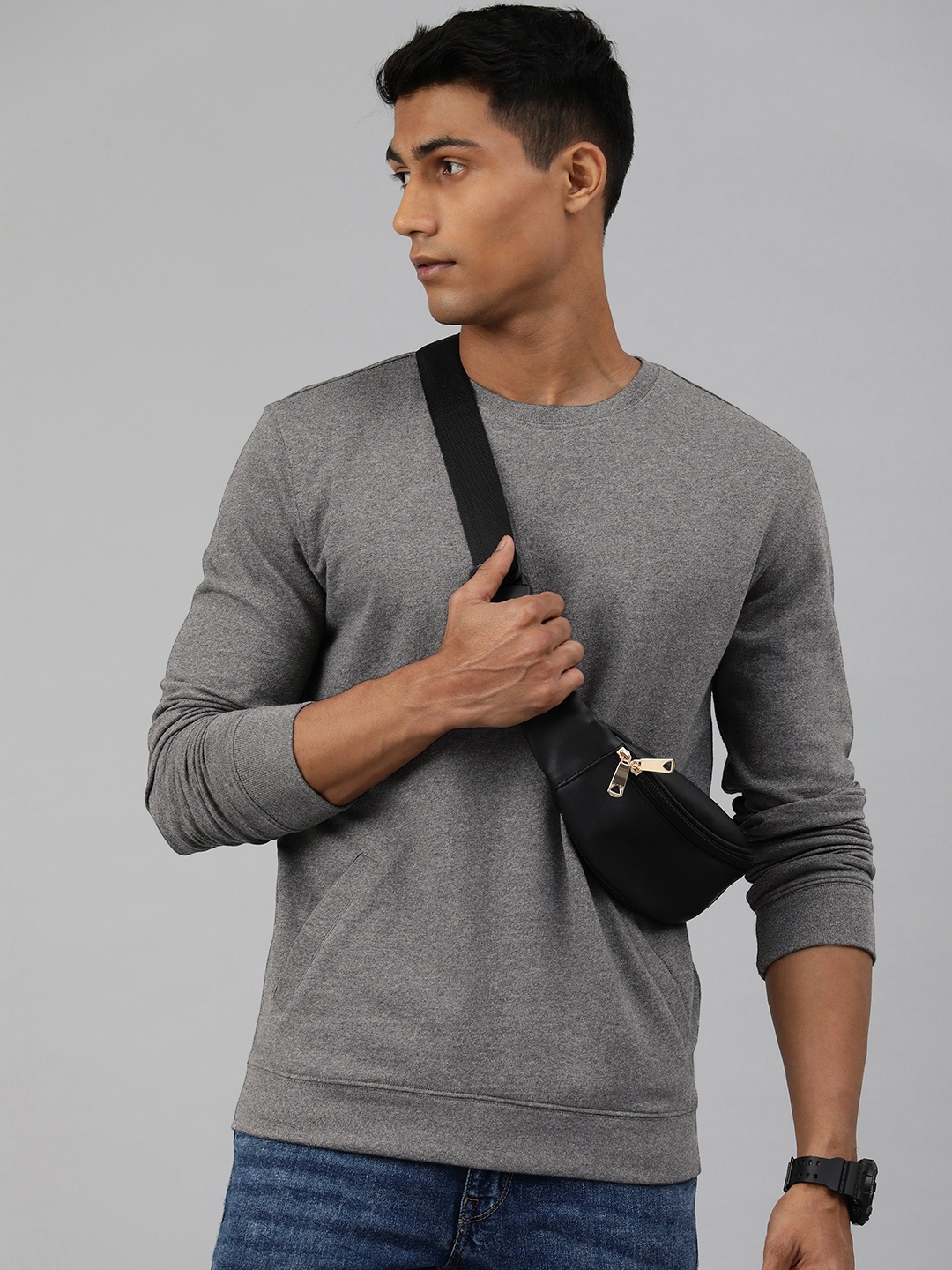 

Huetrap Men Solid Knitted Sweatshirt, Charcoal