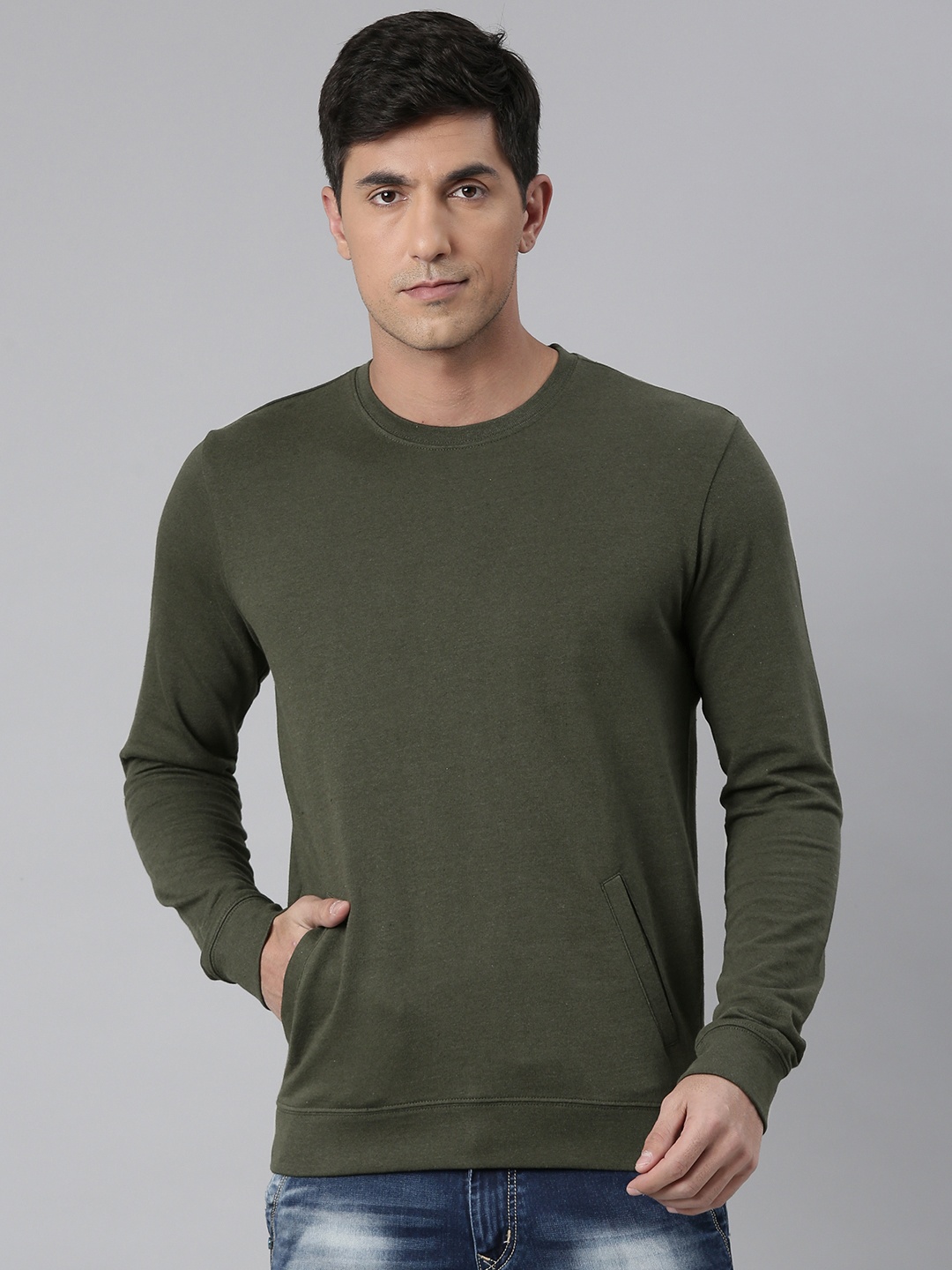 

Huetrap Men Solid Cotton Sweatshirt, Olive