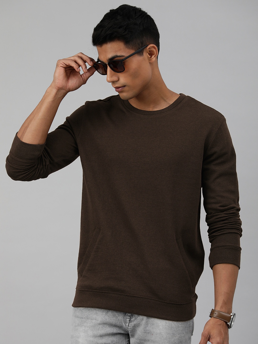 

Huetrap Men Solid Knitted Sweatshirt, Brown