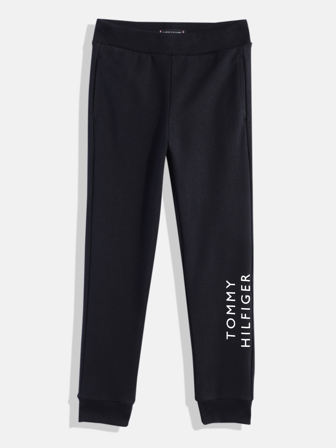 

Tommy Hilfiger Boys Brand Logo Print Regular Fit Mid-Rise Knitted Sweat Joggers, Navy blue
