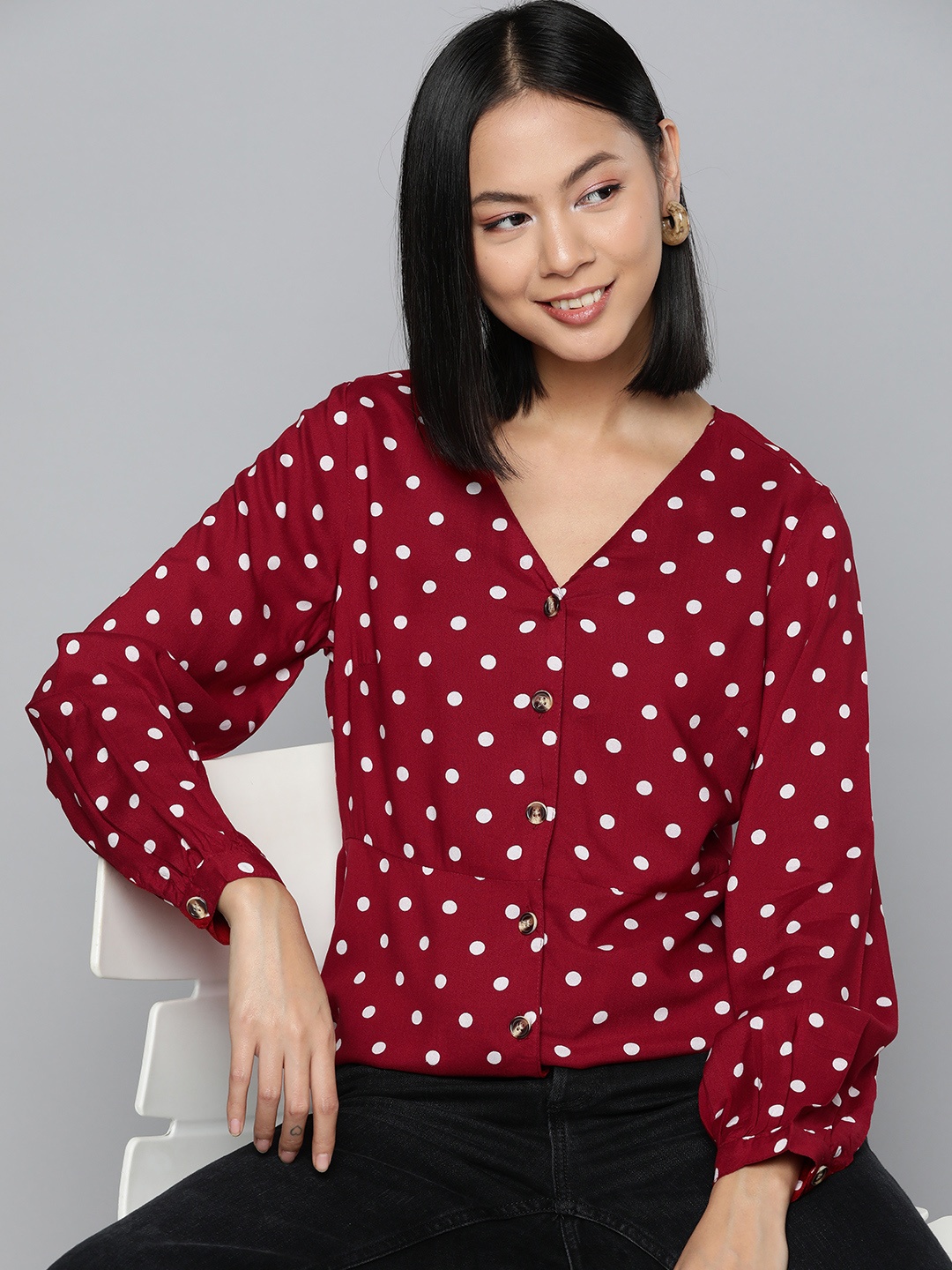 

HERE&NOW Women Polka Dots Printed Puff Sleeves Top, Maroon