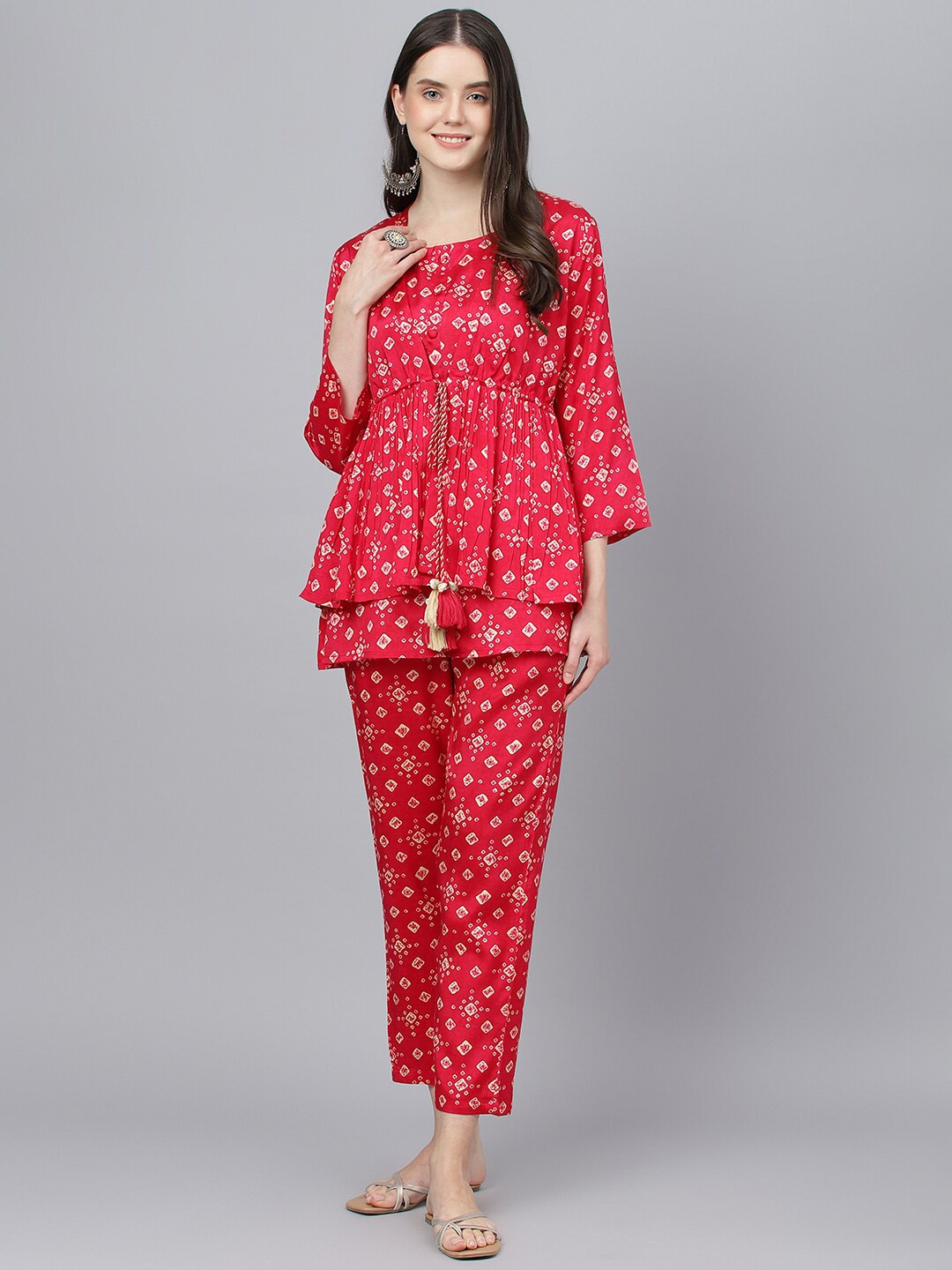 

Divena Women 3 Piece Bandhani Printed Top With Trouser & Shrug, Magenta