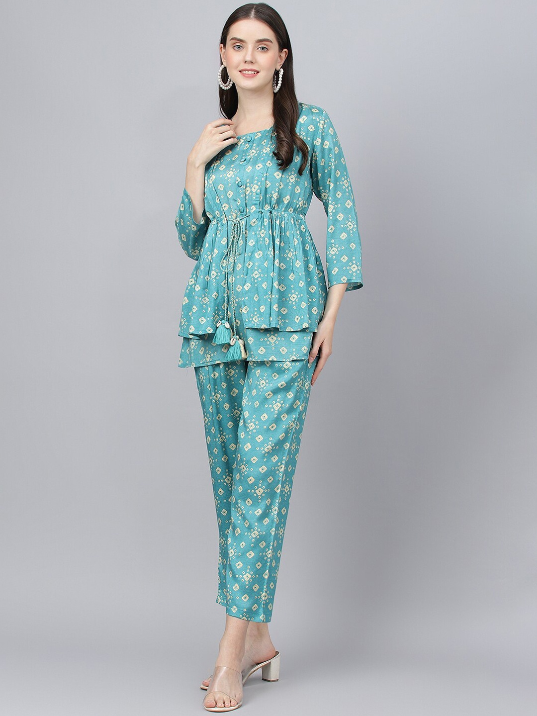 

Divena Women 3 Piece Bandhani Printed Top With Trouser & Shrug, Teal