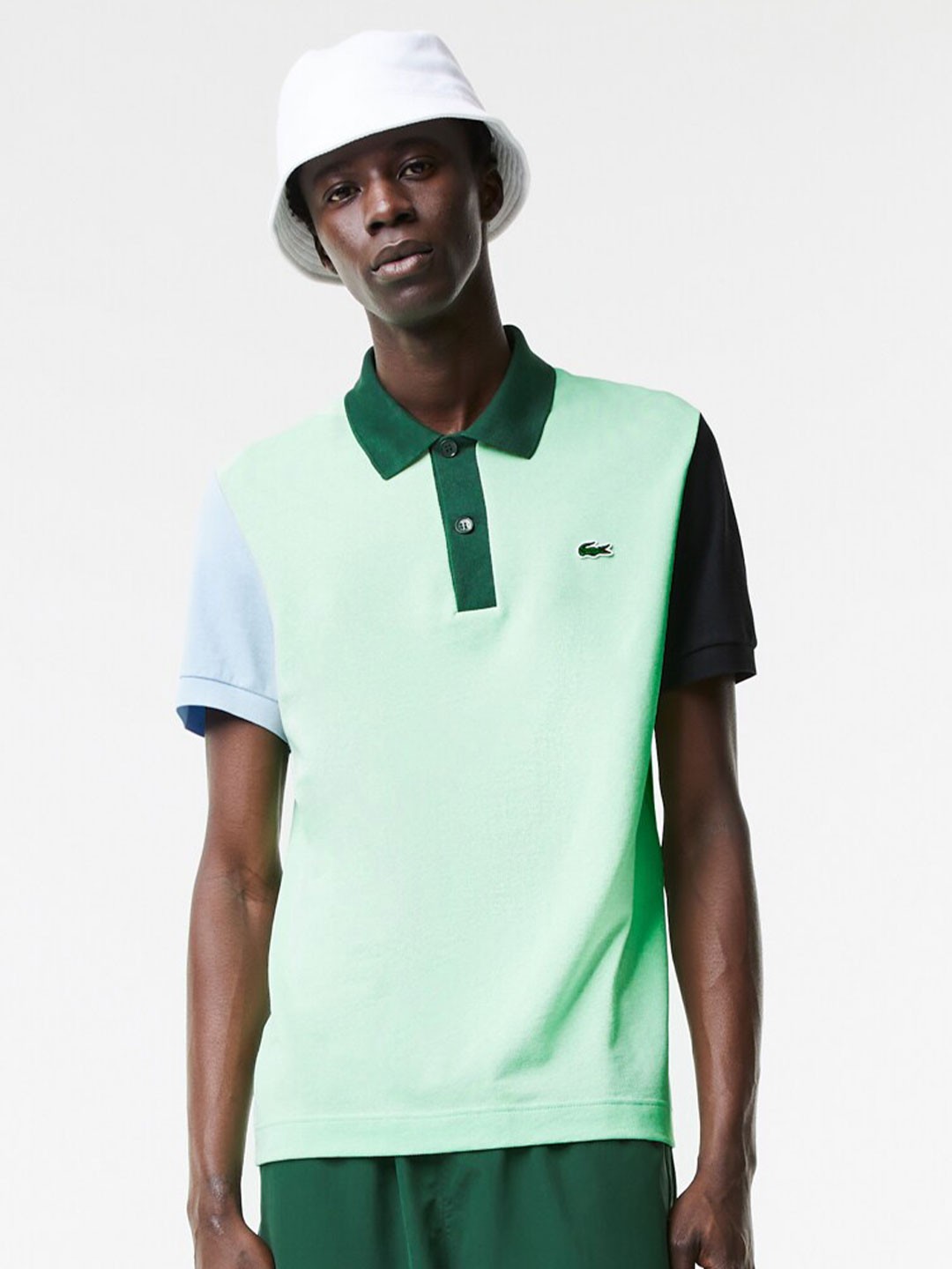 

Lacoste Men Green & Blue Cotton Colourblocked Polo Collar T-shirt