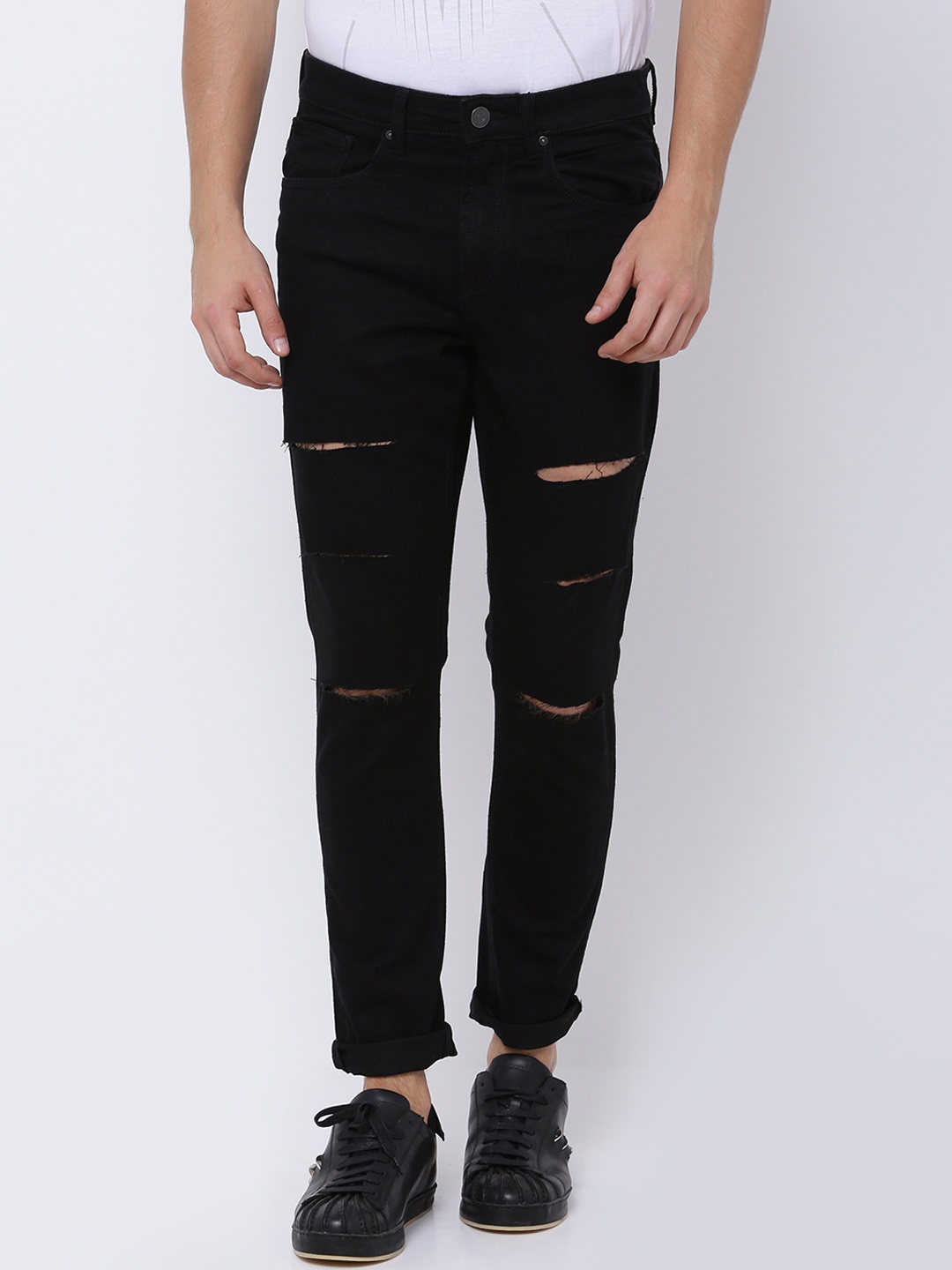 

LOCOMOTIVE Men Black Tapered Fit Mid-Rise Slash Knee Jeans