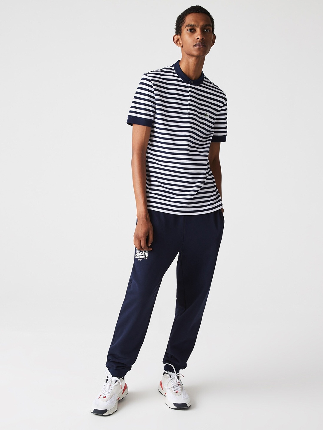 

Lacoste Men Striped Mandarin Collar T-shirt, Navy blue