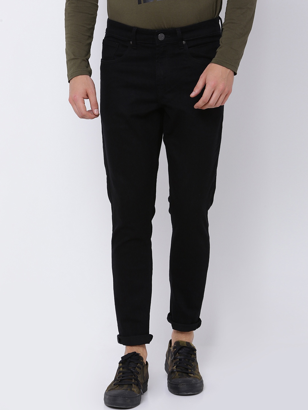 

LOCOMOTIVE Men Black Tapered Fit Mid-Rise Slash Knee Jeans