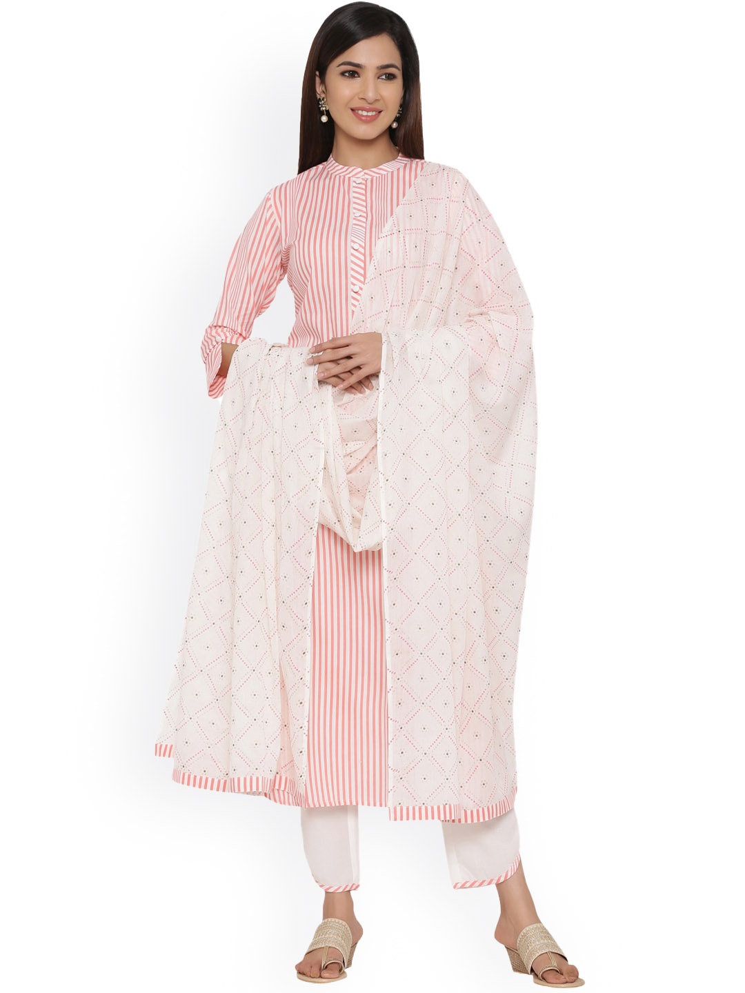 

kipek Women Striped Pure Cotton Kurta with Trousers & Dupatta, Peach