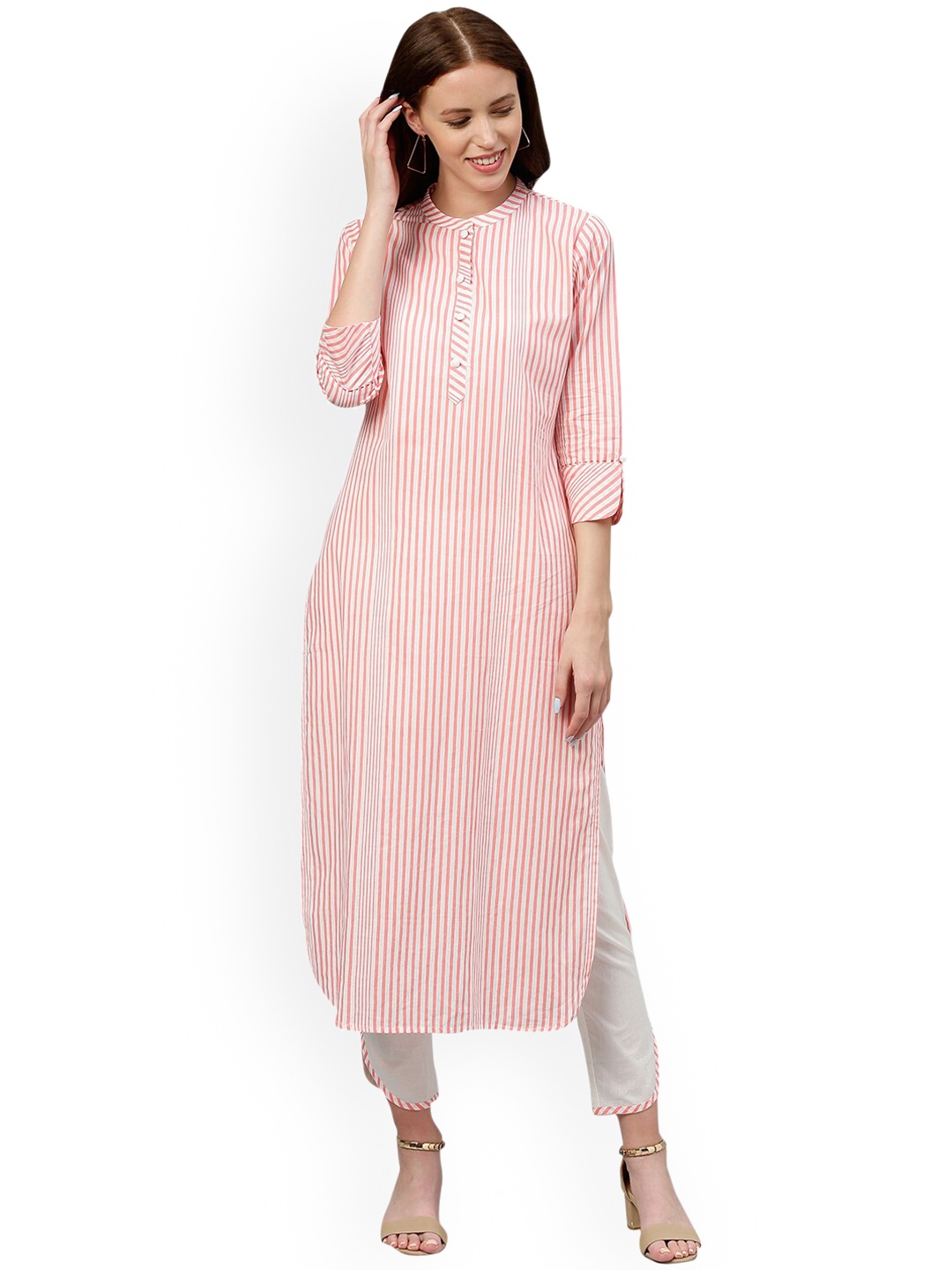 

kipek Women Striped Pure Cotton Kurta with Trousers, Peach