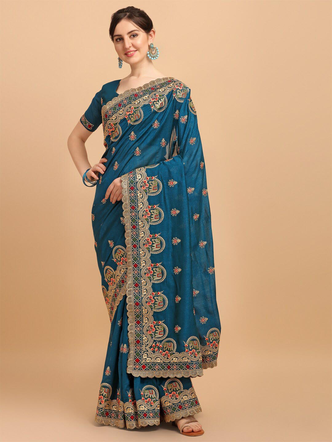 

Fab Viva Ethnic Motifs Embroidered Silk Blend Saree, Blue