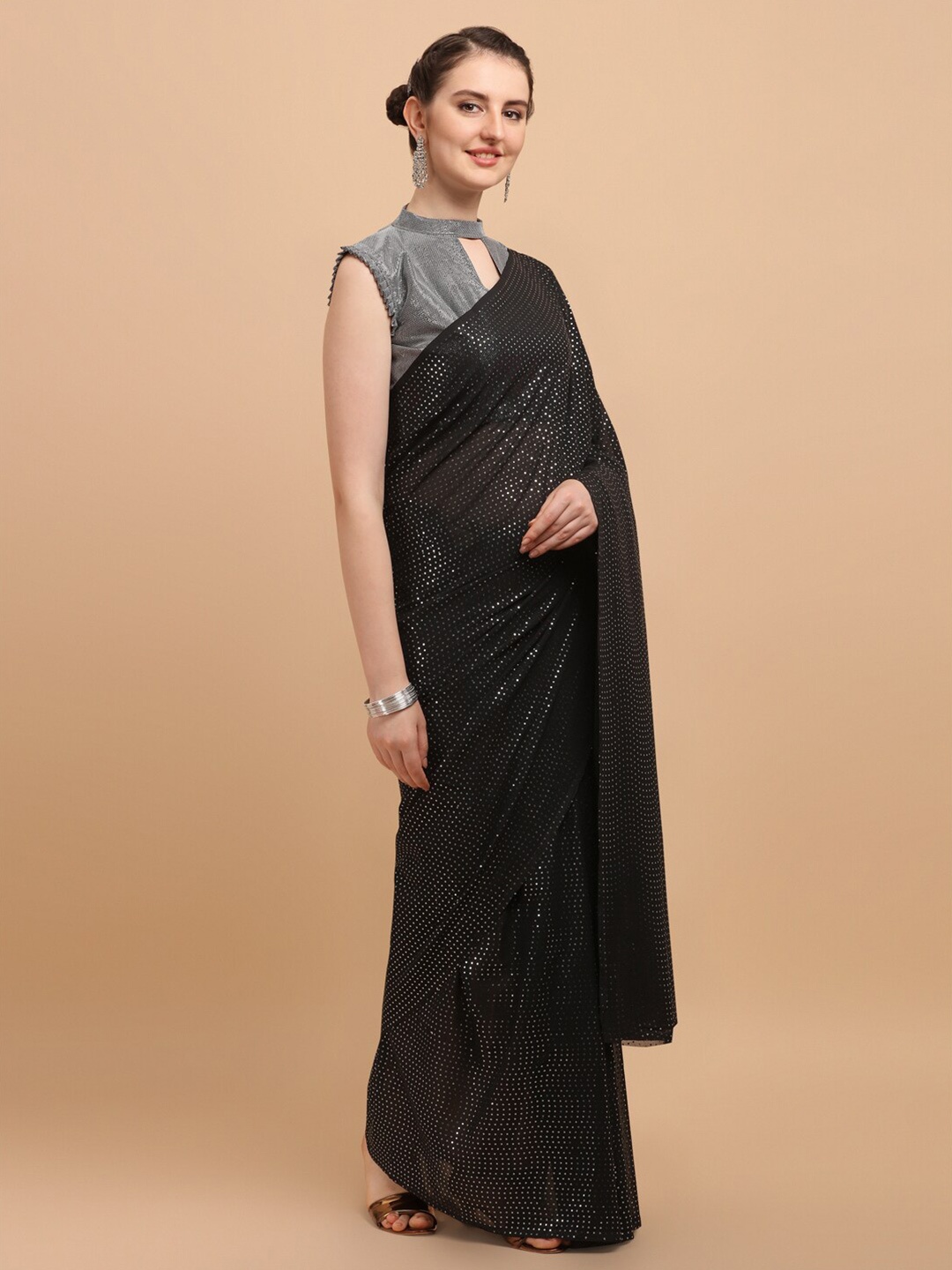 

Fab Viva Embellished Sequinned Pure Georgette Saree, Black