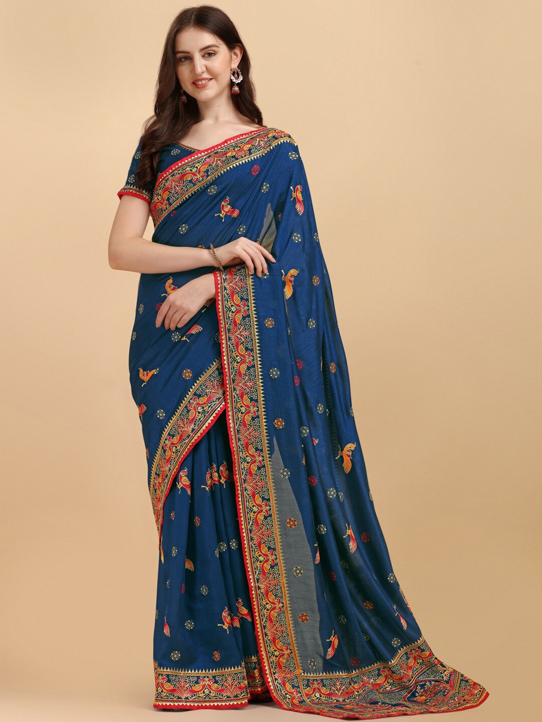 

Fab Viva Ethnic Motifs Embroidered Art Silk Saree, Navy blue