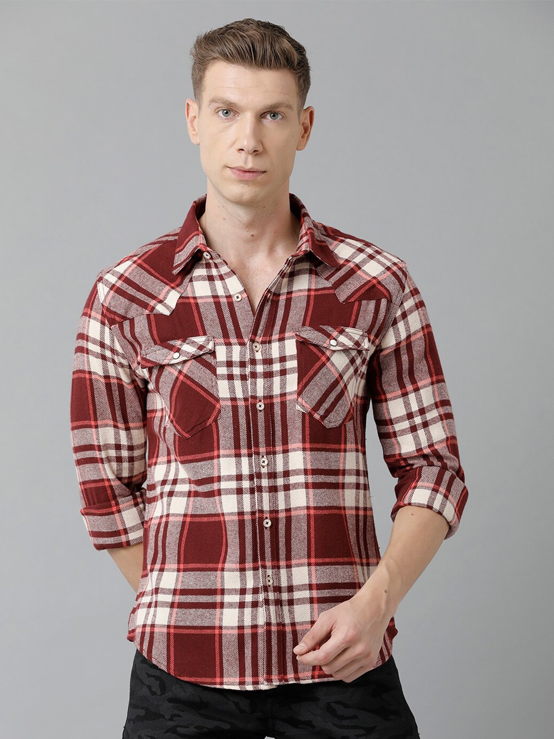 

YOVISH Men Tartan Checked Cotton Smart Slim Fit Casual Shirt, Maroon