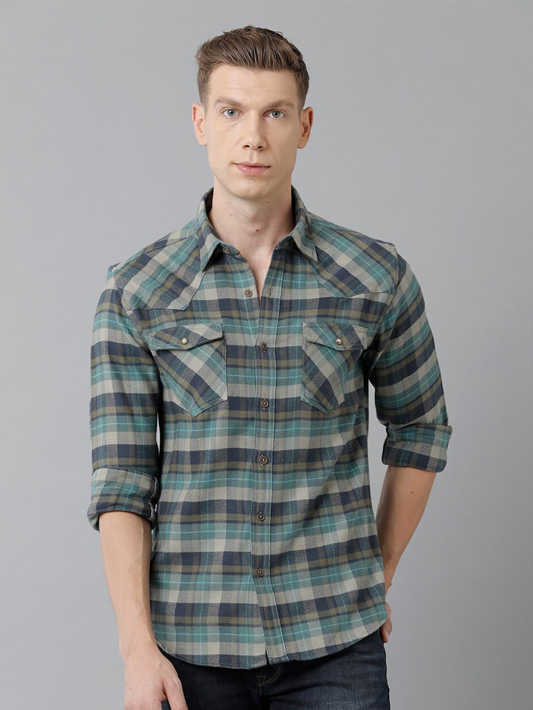 

YOVISH Men Tartan Checked Cotton Smart Slim Fit Casual Shirt, Green