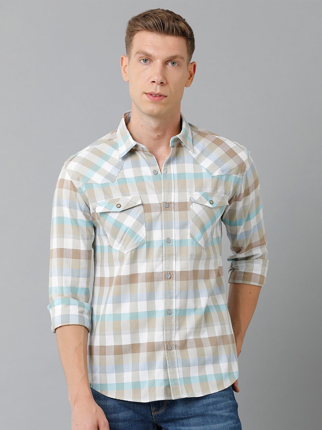 

YOVISH Men Tartan Checked Cotton Smart Slim Fit Casual Shirt, White