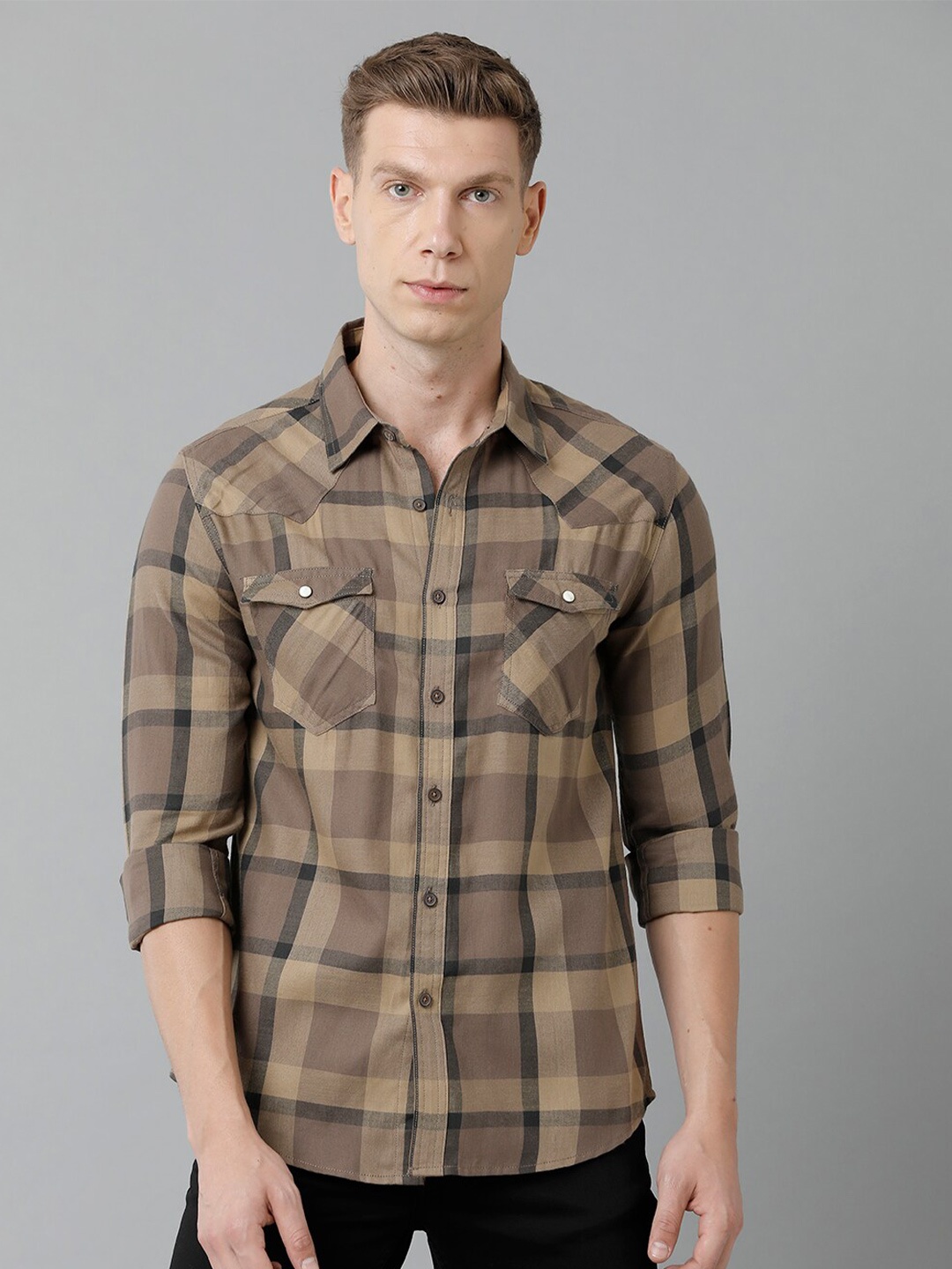 

YOVISH Men Tartan Checked Cotton Smart Slim Fit Casual Shirt, Brown