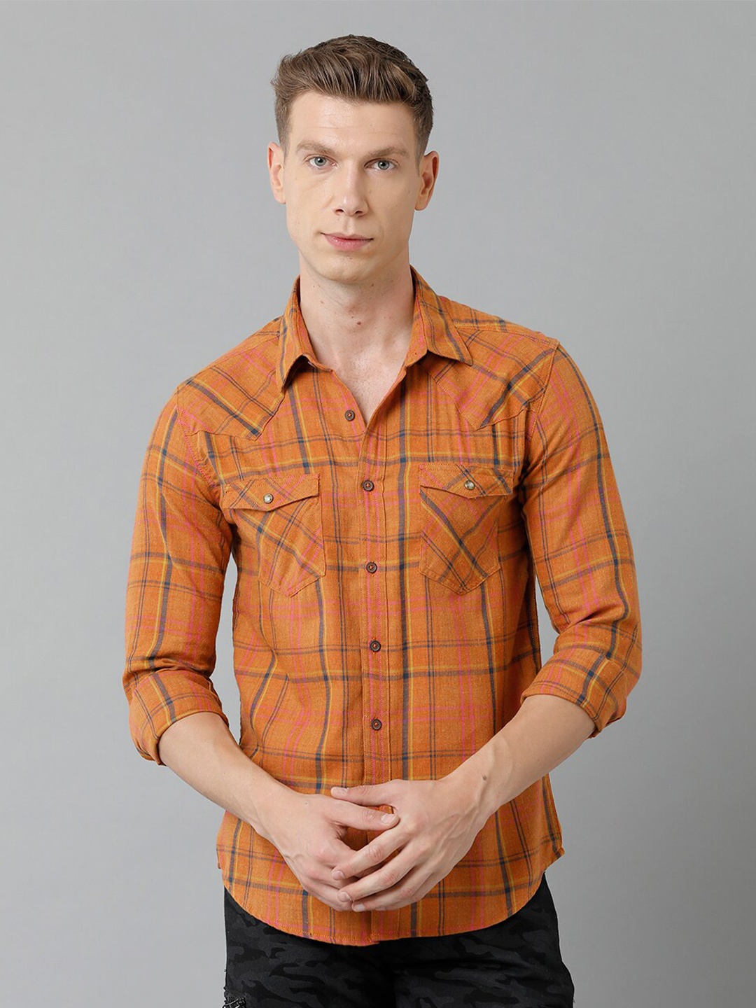 

YOVISH Men Smart Slim Fit Tartan Checks Checked Cotton Casual Shirt, Yellow