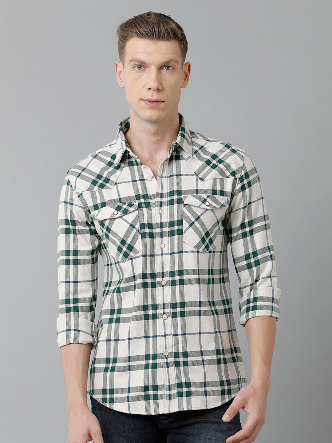 

YOVISH Men Smart Slim Fit Tartan Checks Checked Cotton Casual Shirt, Cream