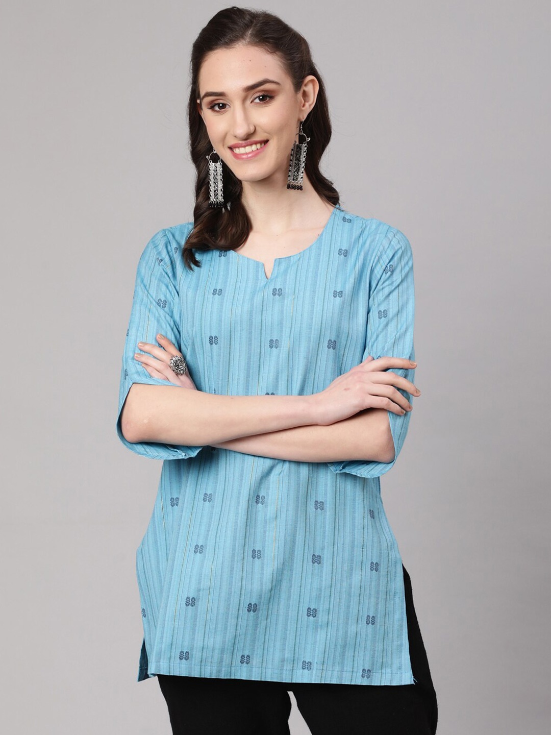 

AKIMIA Woven Design Pure Cotton Jacquard Handloom Kurti, Blue