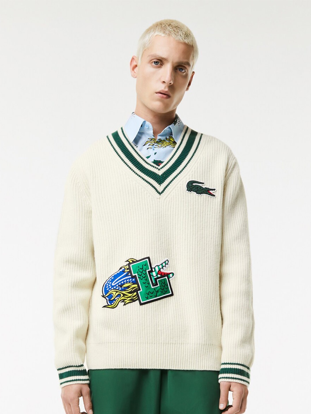 

Lacoste Men Printed Pure Wool Pullover, Beige