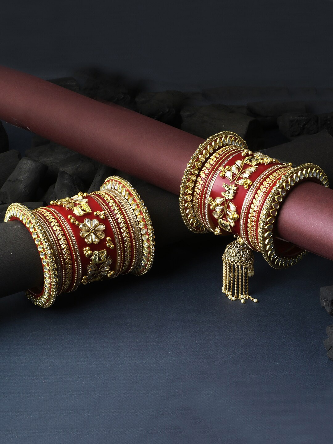 

Adwitiya Collection Set of 26 Gold-Plated Stone-Studded & Beaded Meenakari Bangles, Red