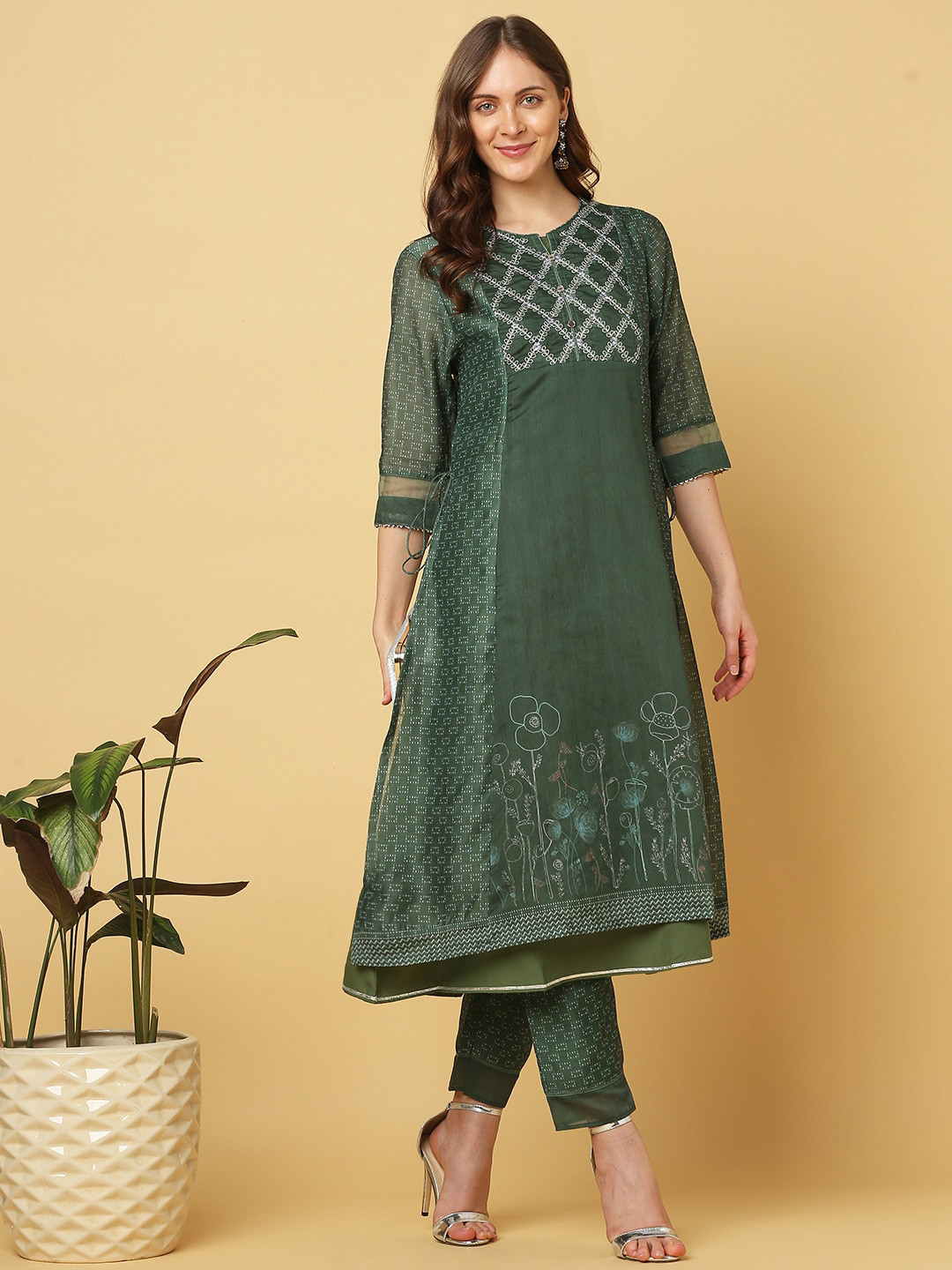 

Indifusion Ethnic Motifs Printed Kurta with Trousers, Green