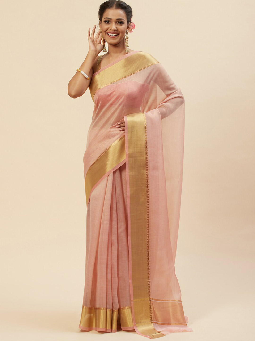 

Meena Bazaar Zari Art Silk Saree, Peach