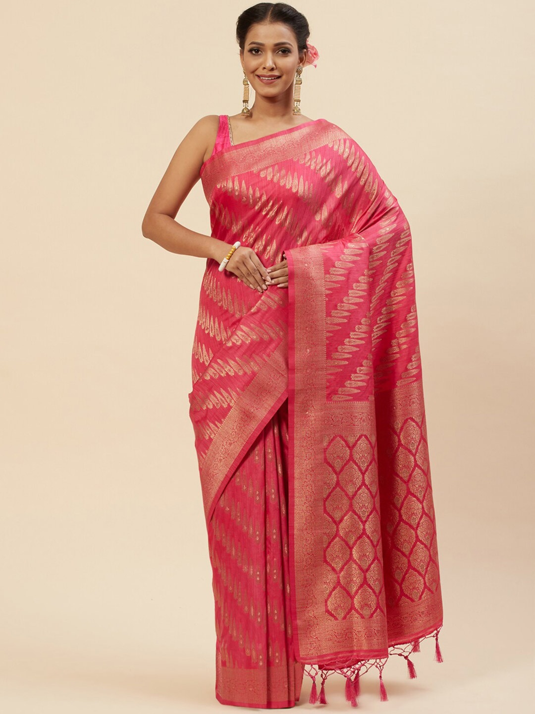 

Meena Bazaar Woven Design Zari Art Silk Saree, Pink