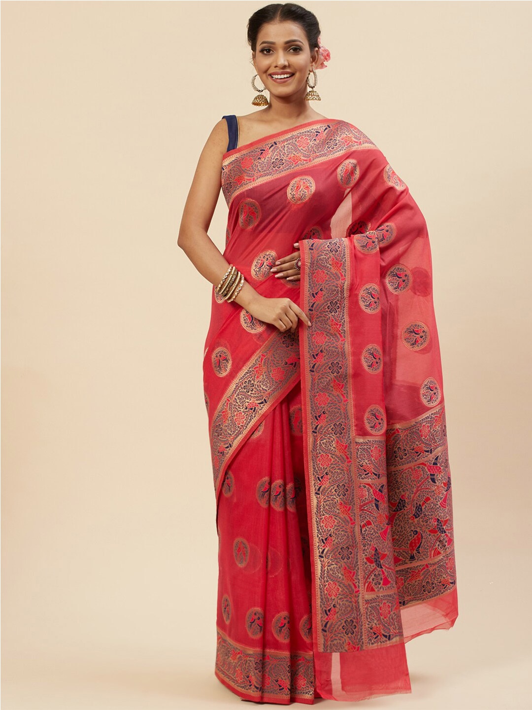 

Meena Bazaar Woven Design Zari Art Silk Saree, Peach