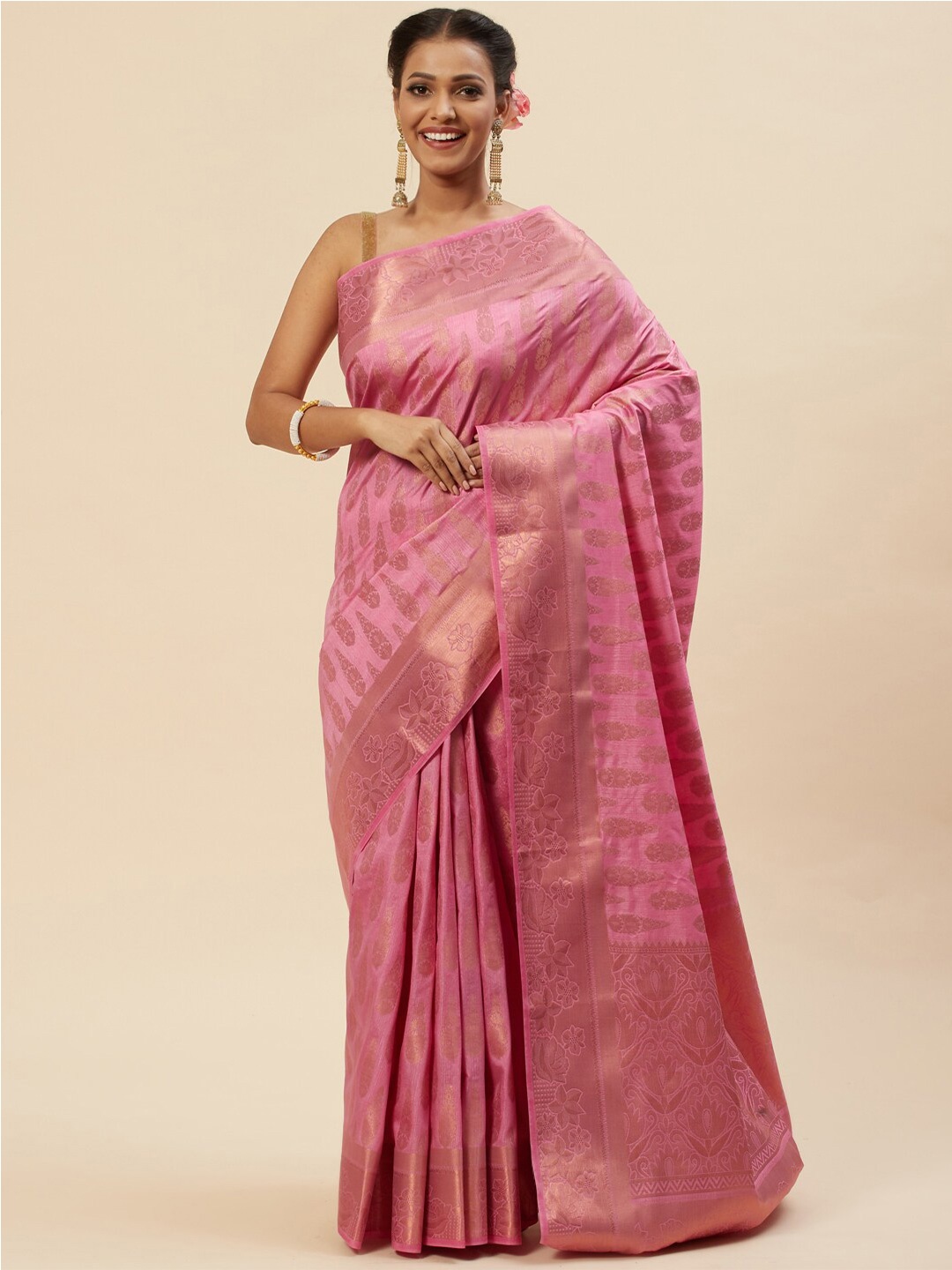 

Meena Bazaar Woven Design Zari Art Silk Saree, Pink