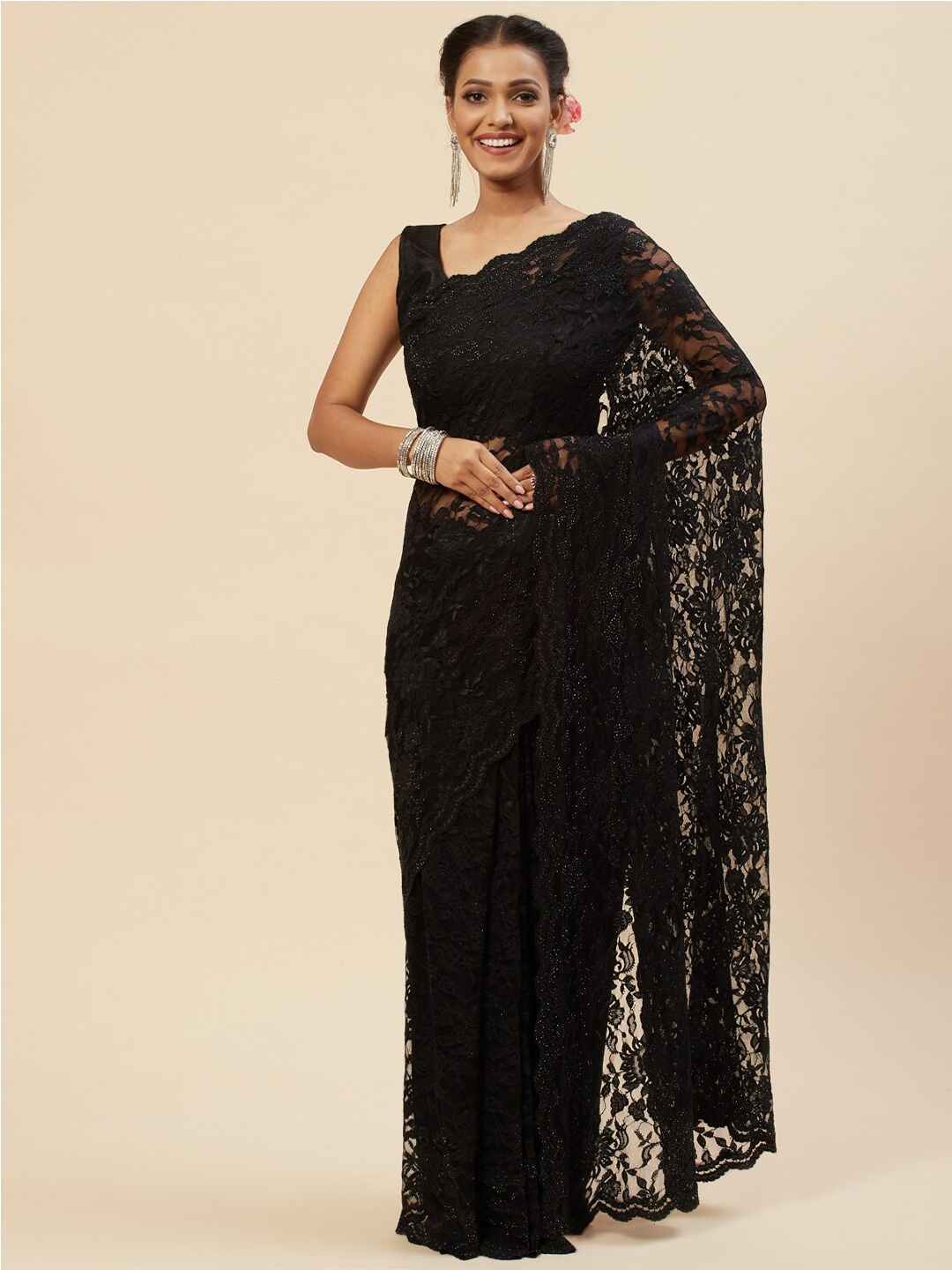 

Meena Bazaar Floral Lace Saree, Black