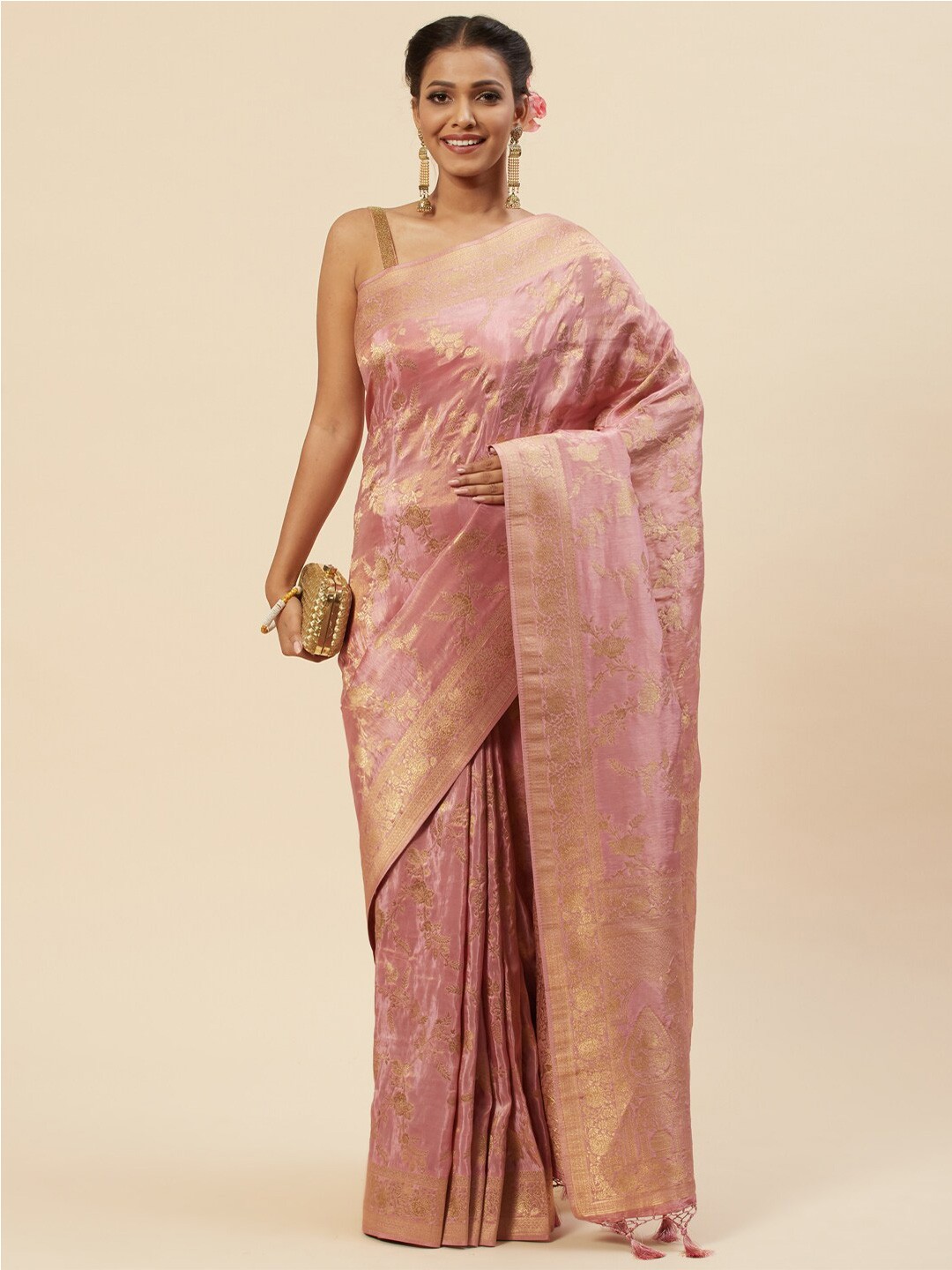 

Meena Bazaar Woven Design Zari Art Silk Banarasi Saree, Pink