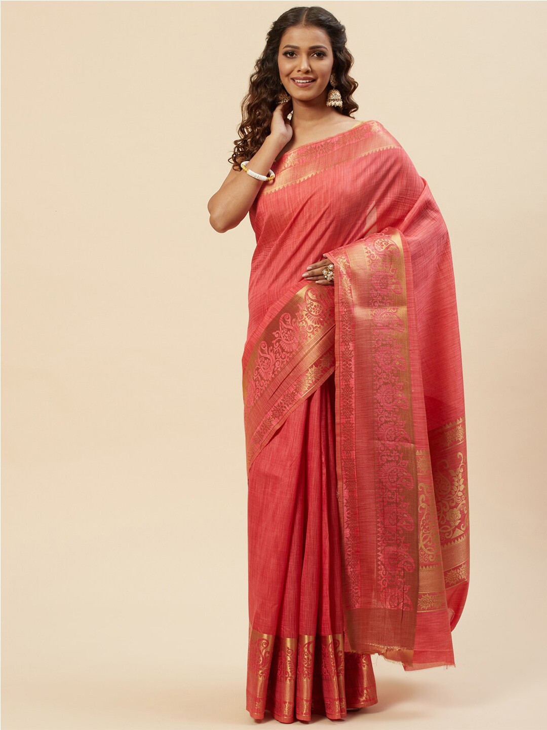 

Meena Bazaar Woven Design Zari Art Silk Saree, Coral