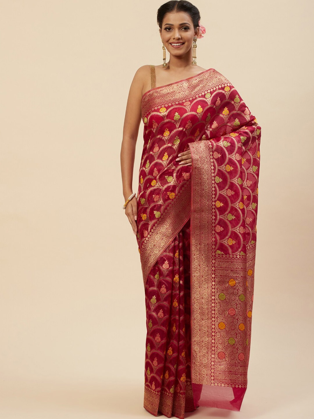 

Meena Bazaar Woven Design Zari Organza Saree, Magenta