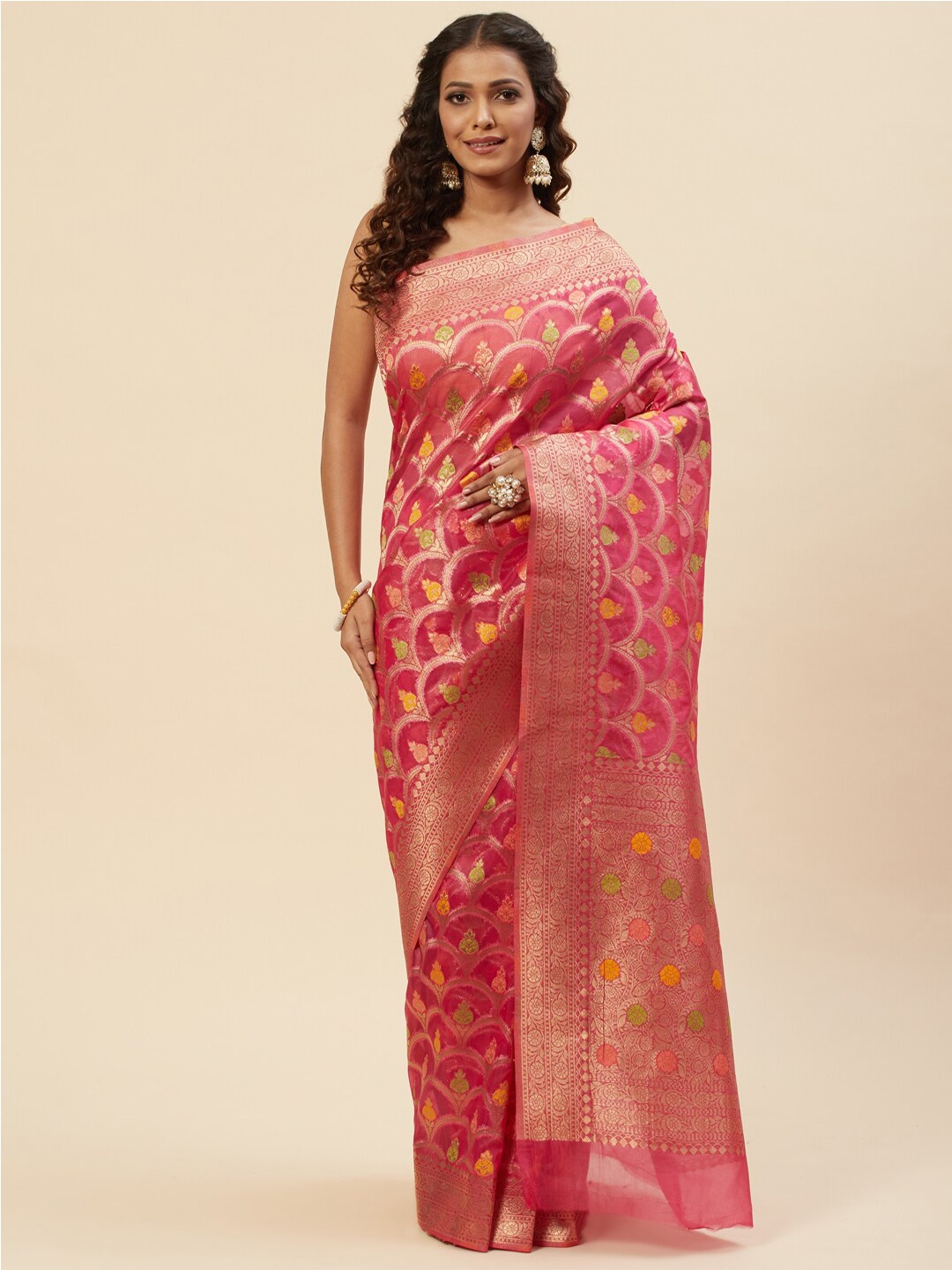 

Meena Bazaar Woven Design Zari Organza Saree, Pink