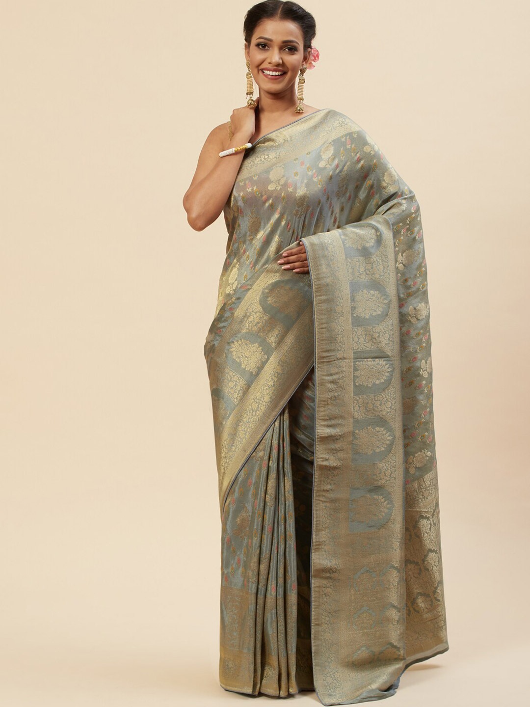 

Meena Bazaar Woven Design Zari Organza Saree, Grey