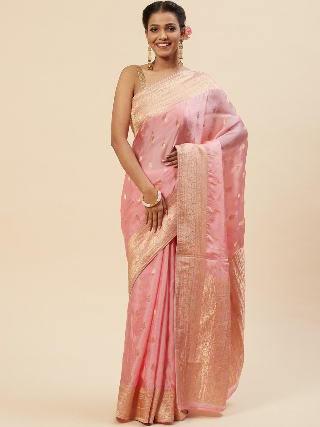 

Meena Bazaar Woven Design Zari Satin Saree, Pink