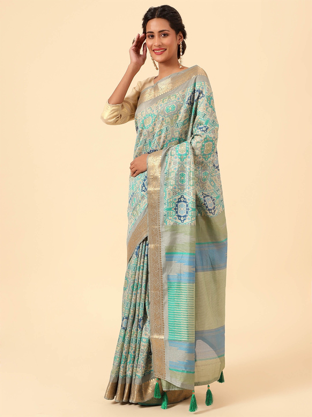 

Meena Bazaar Ethnic Motifs Zari Art Silk Saree, Sea green