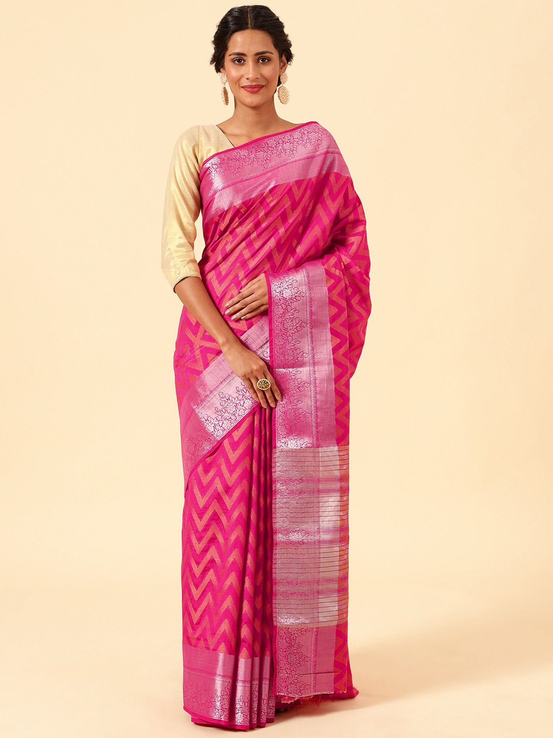 

Meena Bazaar Woven Design Zari Art Silk Saree, Pink