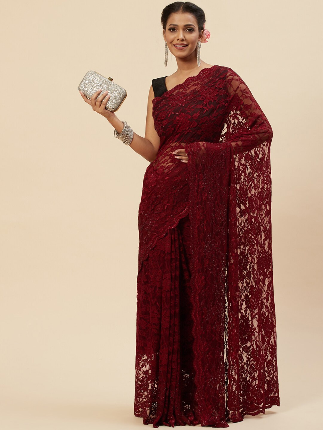 

Meena Bazaar Woven Design Lace Saree, Maroon
