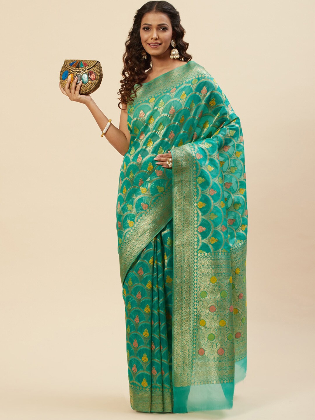 

Meena Bazaar Woven Design Zari Organza Saree, Sea green