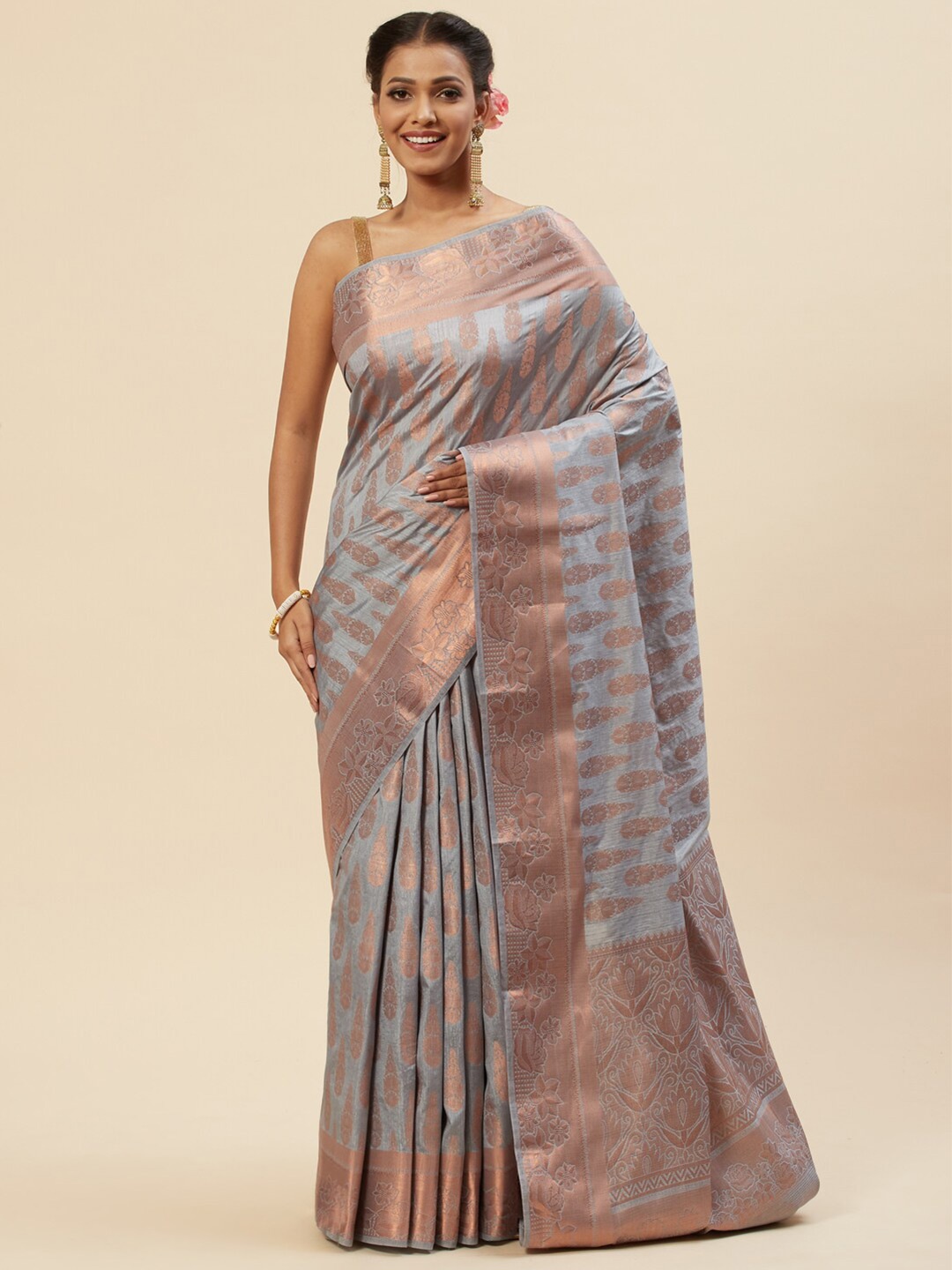 

Meena Bazaar Grey & Copper-Toned Woven Design Zari Art Silk Saree