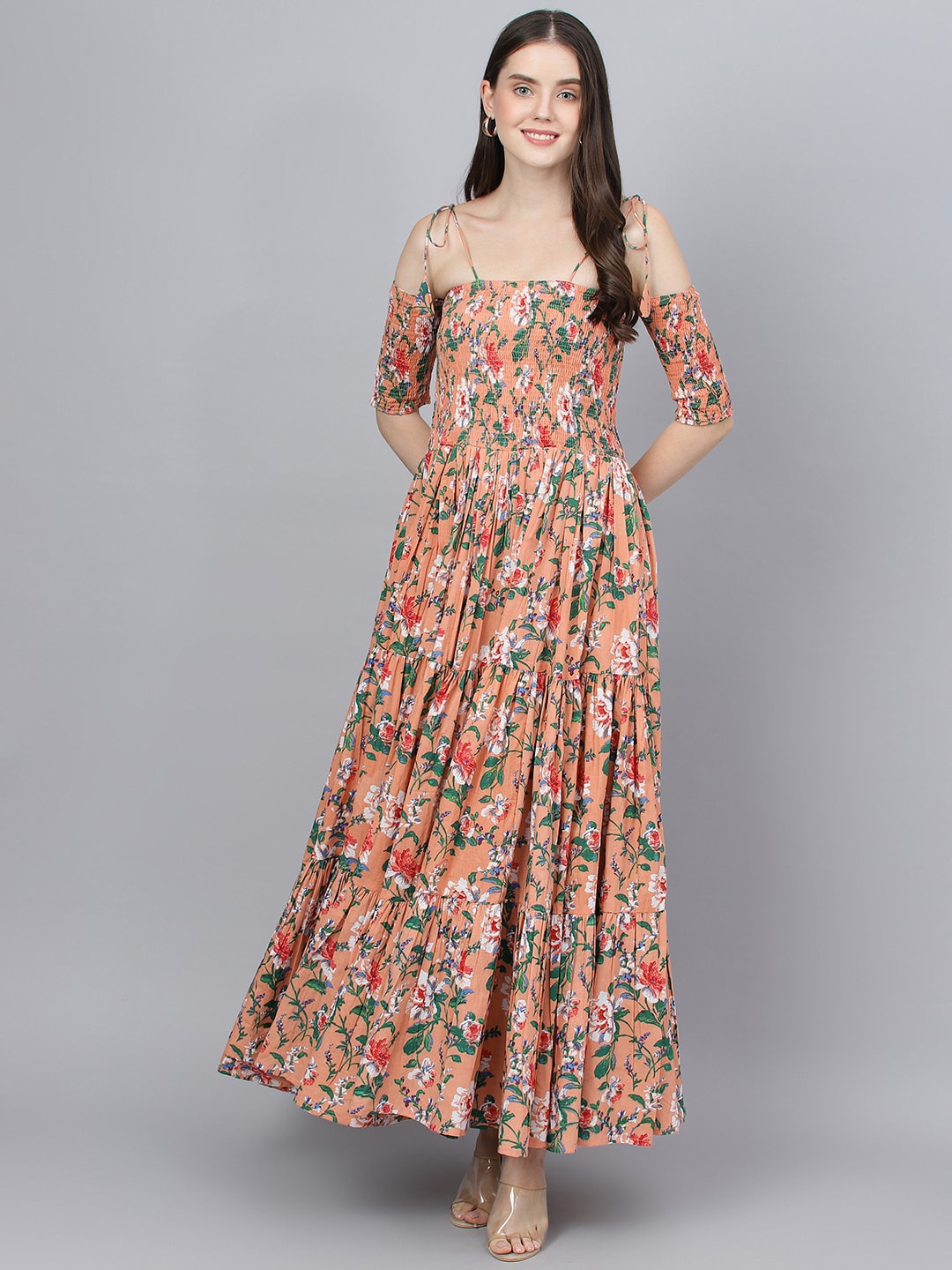 

Divena Floral Printed Fit & Flare Cotton Dress, Peach
