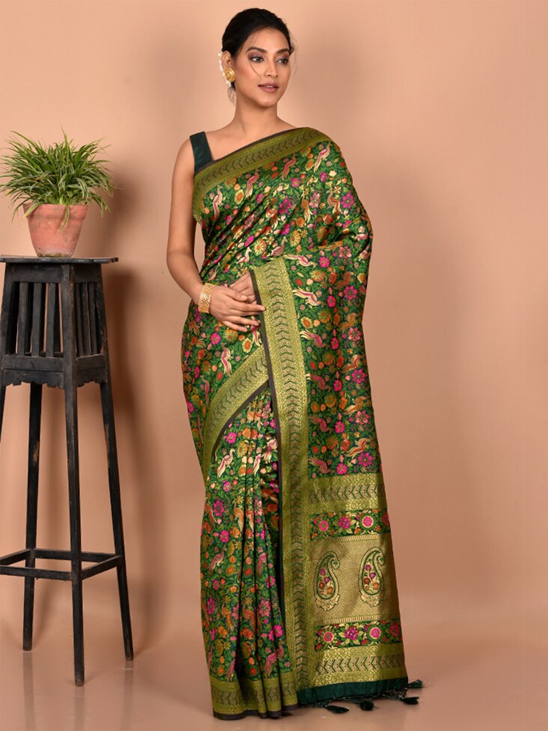 

AllSilks Floral Zari Silk Blend Saree, Green