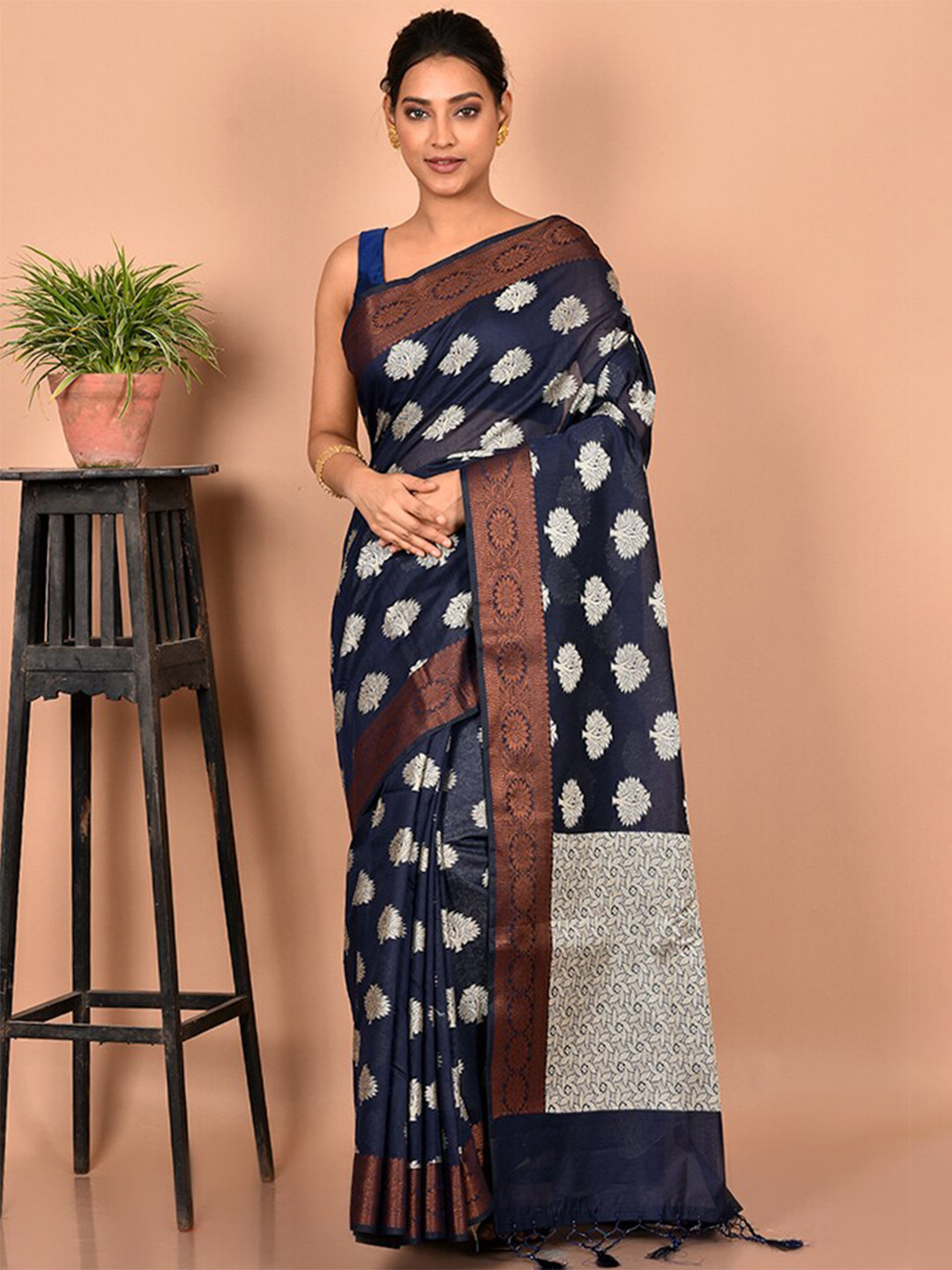 

AllSilks Ethnic Motifs Zari Silk Blend Saree, Navy blue