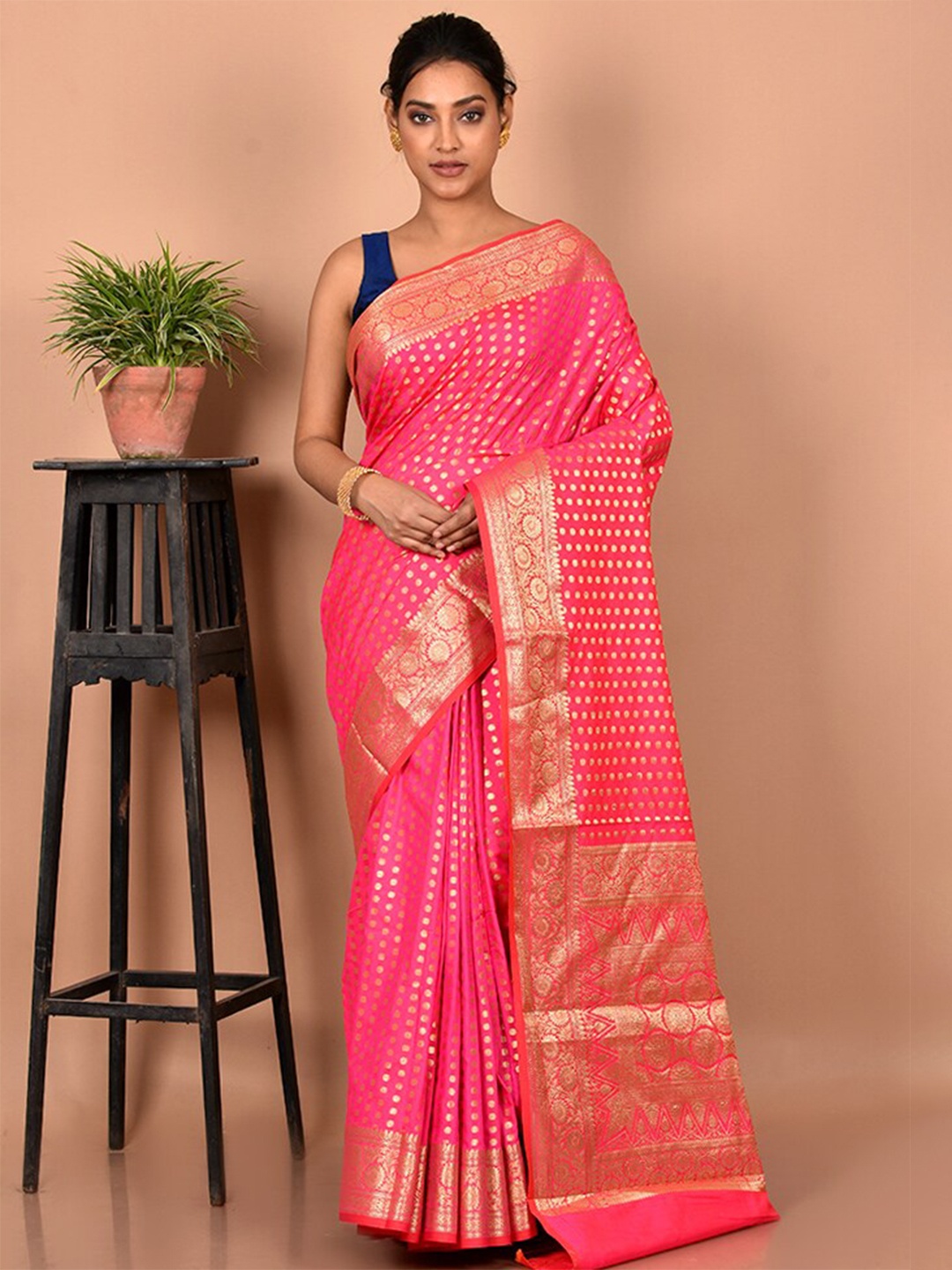 

AllSilks Woven Design Zari Silk Blend Uppada Saree, Pink