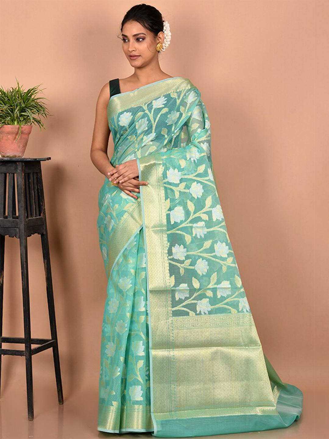 

AllSilks Floral Zari Silk Blend Saree, Green