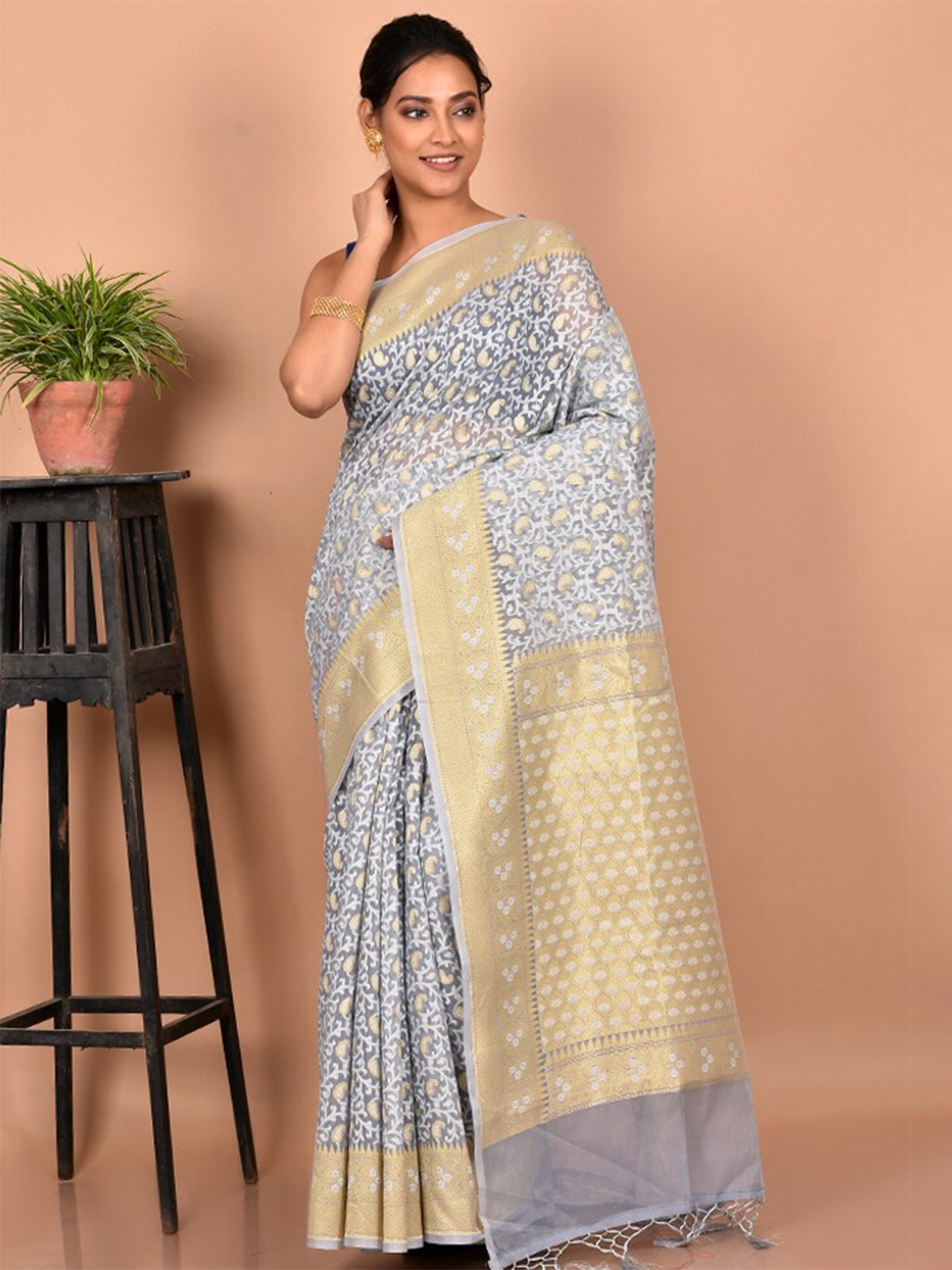 

AllSilks Woven Design Zari Silk Blend Saree, Grey